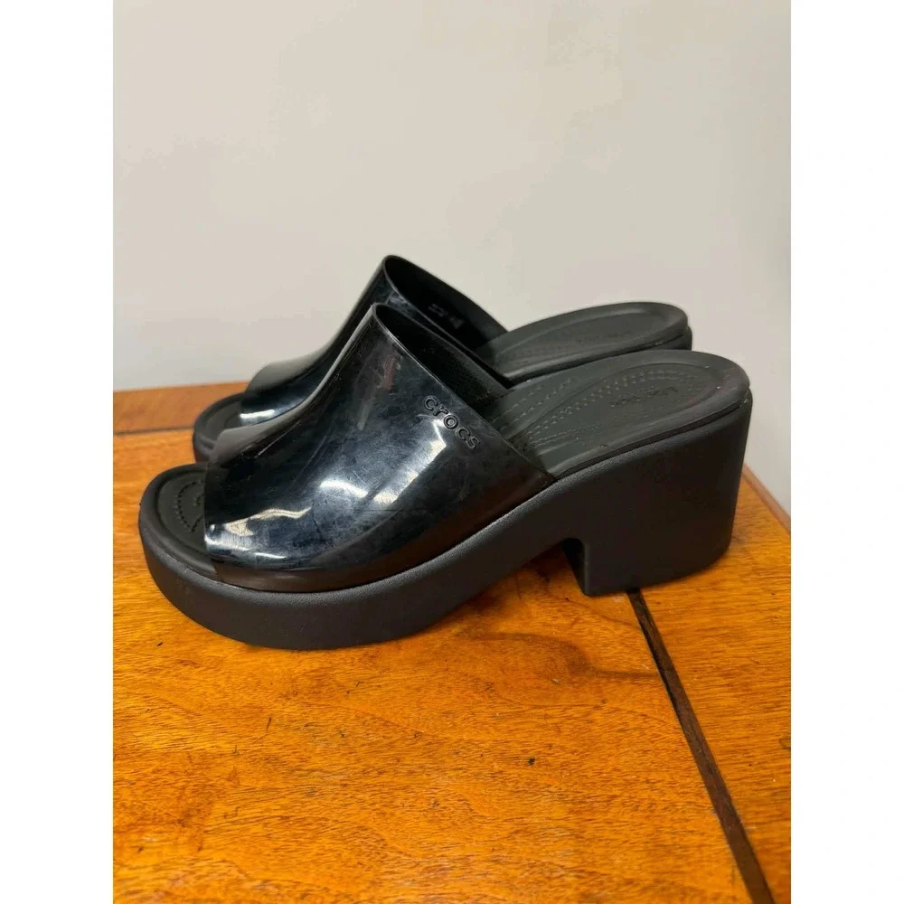 Crocs Women's 9 Brooklyn High Shine Heeled Mules Black Platform Wedge Slides
